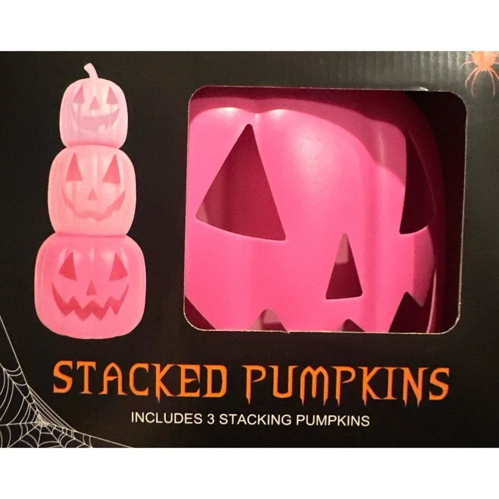 Pink Stacked Jack O Lantern Pumpkins Halloween Decor 23